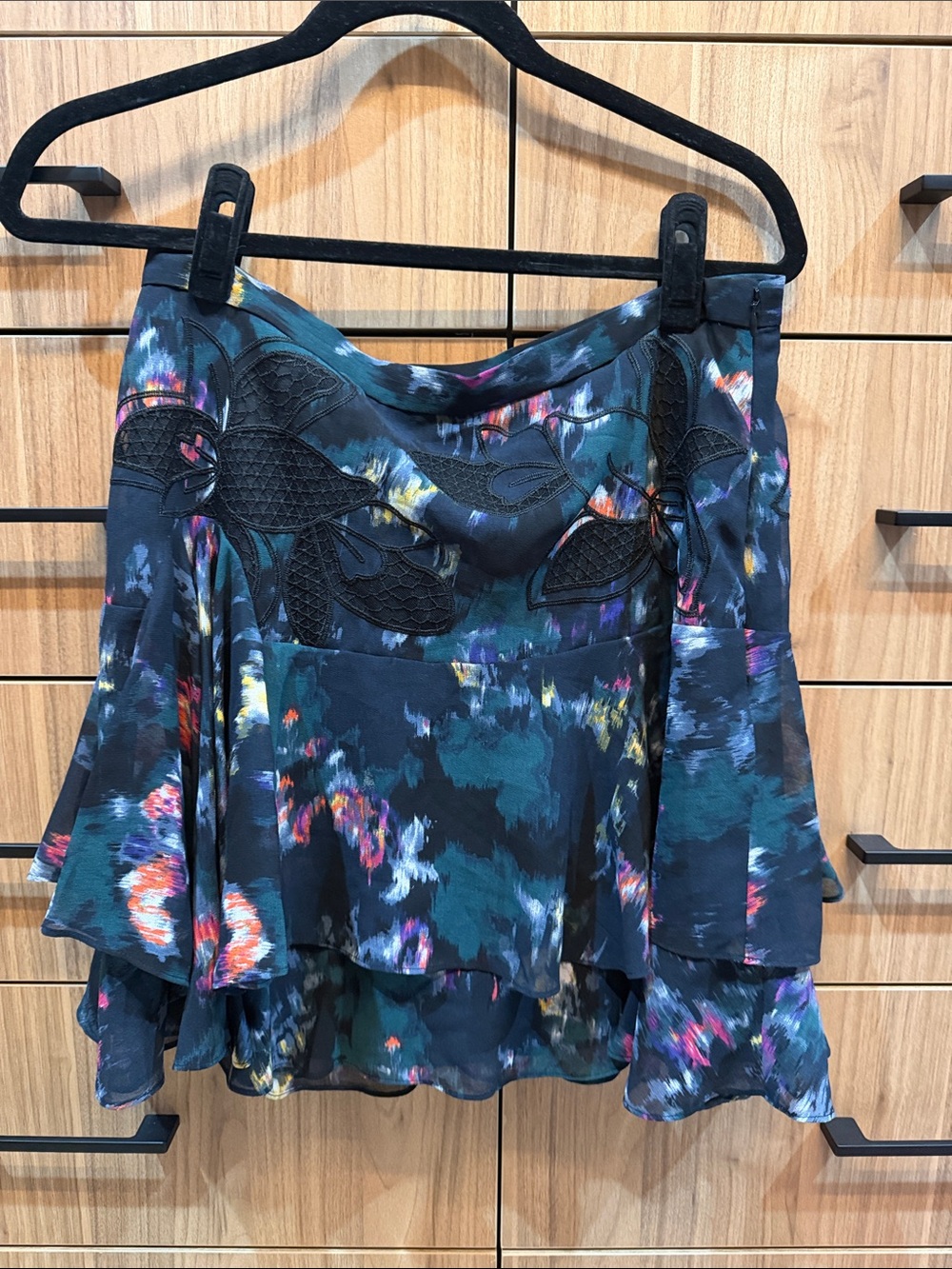 Reiss Teal Floral Mini Skirt with Black Lace Appliqué - 8